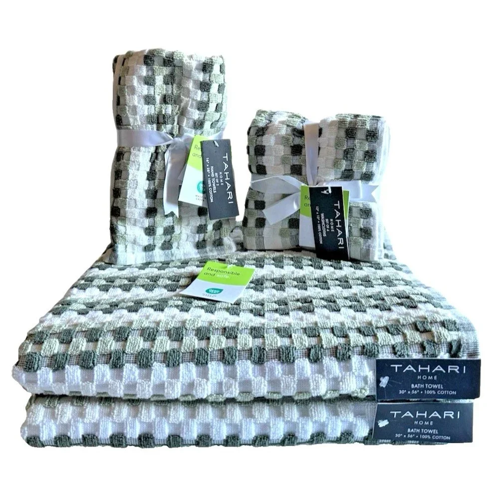 Tarhari 8 Piece Towel Set Tiles Squares Green White 2 Bath 2 Hand 4 Washcloths
